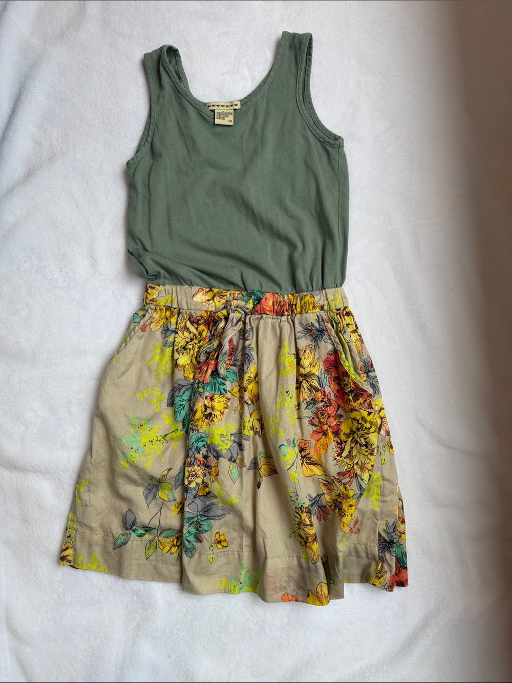 Anthem of the Ants Green and Tan Floral A-Line Dress with Yellow Accents